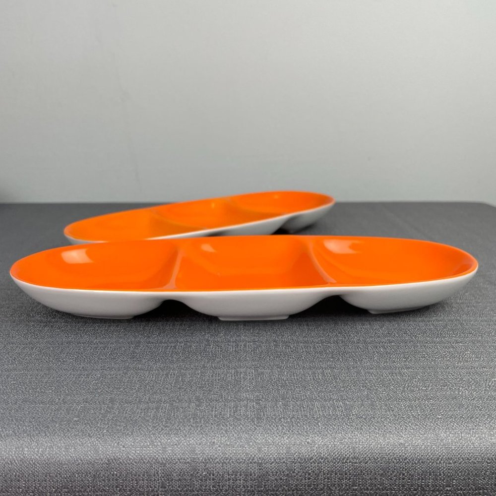 2 Vintage MCM Lagardo Tackett Schmid Porcelain Tack Orange Divided Dishes - Picture 3 of 6